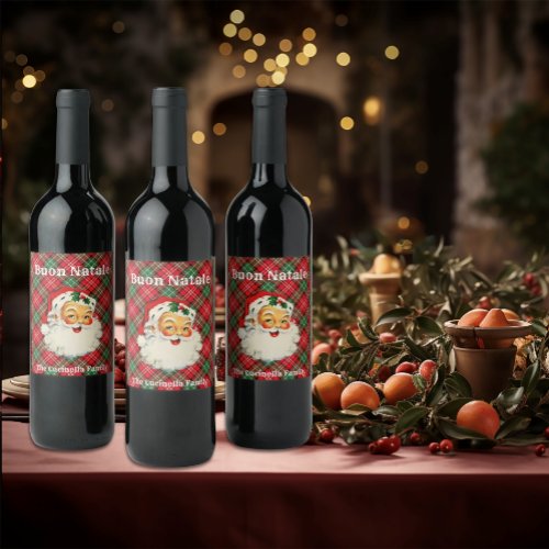 Buon Natale  Family name Vintage Santa plaid Wine Label