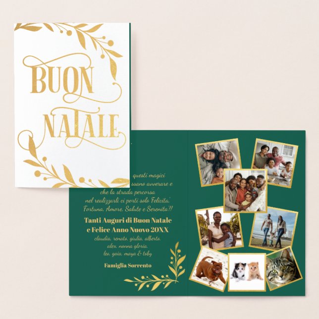 Buon Natale Gold Berries Green Photo Collage Foil Card (Display)