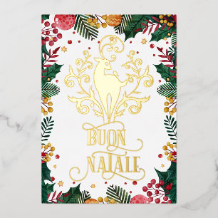 Buon Natale Gold Deer Green Holly Photo    Foil Holiday Card