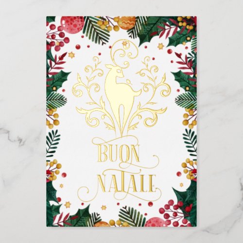 Buon Natale Gold Deer Green Holly Photo    Foil Holiday Card