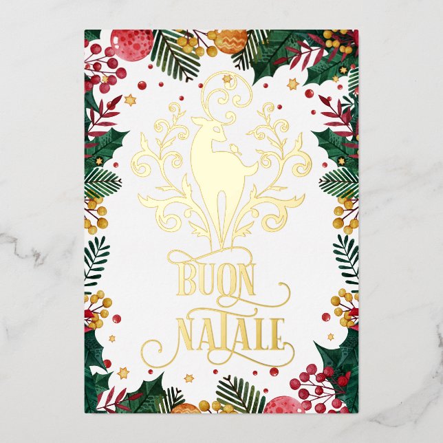 Buon Natale Gold Deer Green Holly Photo    Foil Holiday Card (Front)