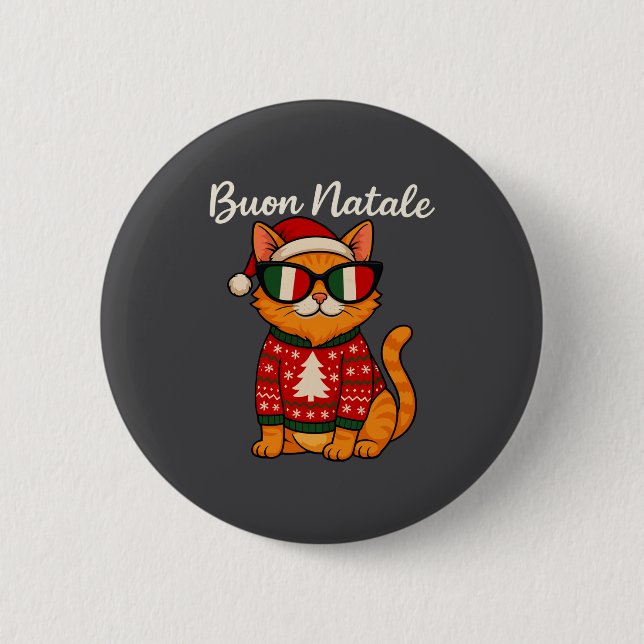 Buon Natale Italian Cat Christmas, Italy Pride Hol Button (Front)