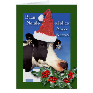 Buon Natale, Italian Christmas, Cow with Santa Hat Cards