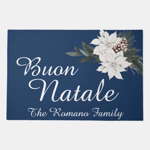 Buon Natale Italian Christmas Floral on Blue Doormat