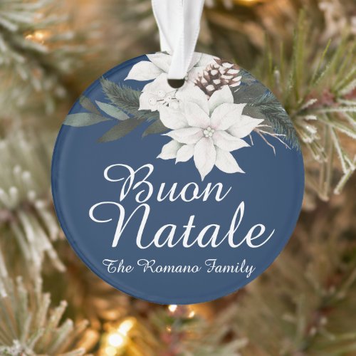 Buon Natale Italian Christmas Floral on Blue Ornament