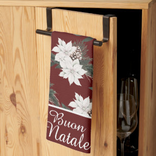 Buon Natale Italian Christmas Floral on Burgundy Kitchen Towel