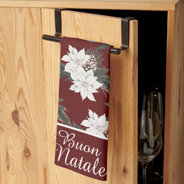 Buon Natale Italian Christmas Floral on Burgundy Kitchen Towel (Thirds Fold)