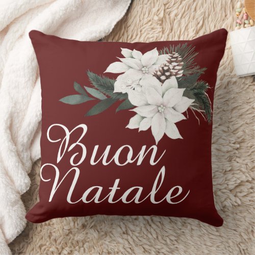 Buon Natale Italian Christmas Floral on Dark Red Throw Pillow