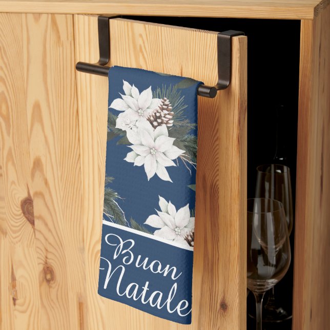 Buon Natale Italian Christmas Floral on Navy Blue Kitchen Towel (Thirds Fold)