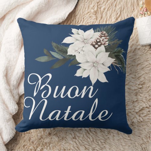 Buon Natale Italian Christmas Floral on Navy Blue Throw Pillow