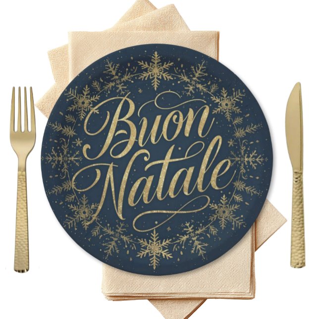 Buon Natale Italian Christmas - Navy & Gold Paper Plates (Buon Natale Elegant Navy plate with gold script surrounded by circular snowflakes in gold)