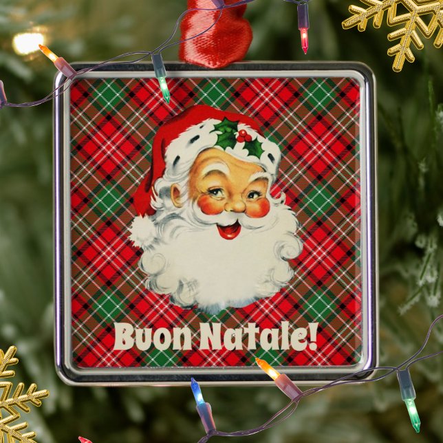 Buon Natale Italian Christmas Santa Red Plaid  Metal Ornament (Vintage Santa Buon Natale
(Italian for Merry Christmas)
Red Plaid Ornament)