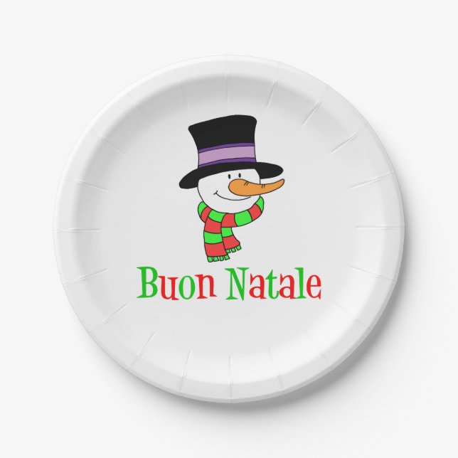 Buon Natale Italian Merry Christmas Snowman Paper Plates (Front)