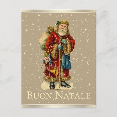 Buon Natale Italian Vintage Santa Gold Stars Holiday Postcard