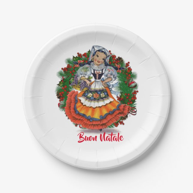 Buon Natale Merry Christmas Italian Retro Doll Paper Plates (Front)