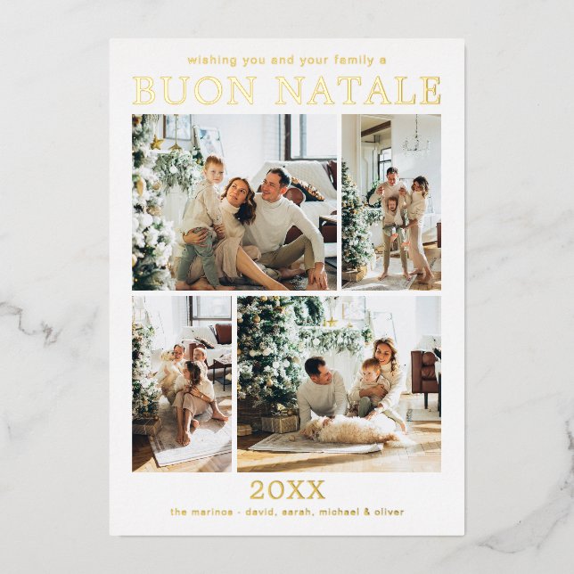 Buon Natale Multi Photo Gold Foil Holiday Card (Front)