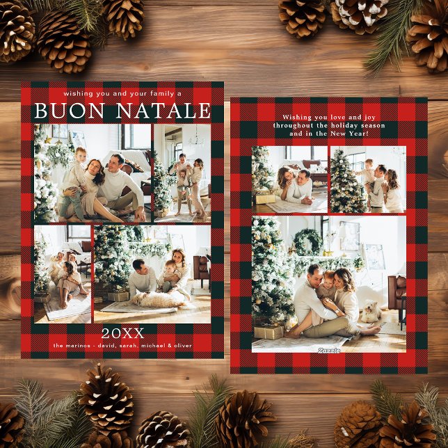 Buon Natale Multi Photo Red Buffalo Plaid Holiday Card (Creator Uploaded)