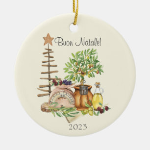Buon Natale Personalized Rustic Italian Watercolor Ceramic Ornament