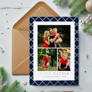 Buon Natale Photo Collage Blue Check Foil Holiday Card