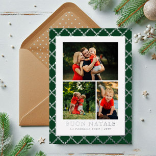 Buon Natale Photo Collage Green Check Foil Holiday Card