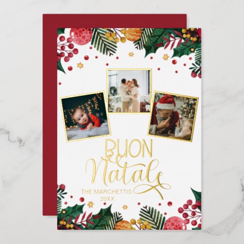 Buon Natale Photo Collage Red Holly Berries  Foil Holiday Card