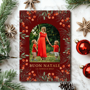 Buon Natale Photo Collage Watercolor Floral Foil Holiday Card