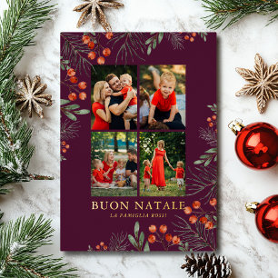 Buon Natale Photo Collage Watercolor Floral Foil Holiday Card