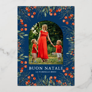 Buon Natale Photo Collage Watercolor Floral Foil Holiday Card