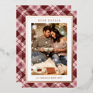 Buon Natale Pink Red Plaid Tartan Photo Foil Holiday Card