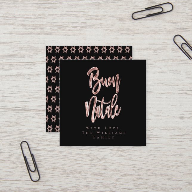 Buon Natale Pink Rose Gold Italian Christmas Square Business Card (Front/Back In Situ)