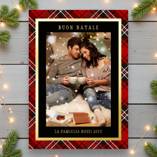 Buon Natale Red Plaid Tartan Photo Foil Holiday Card
