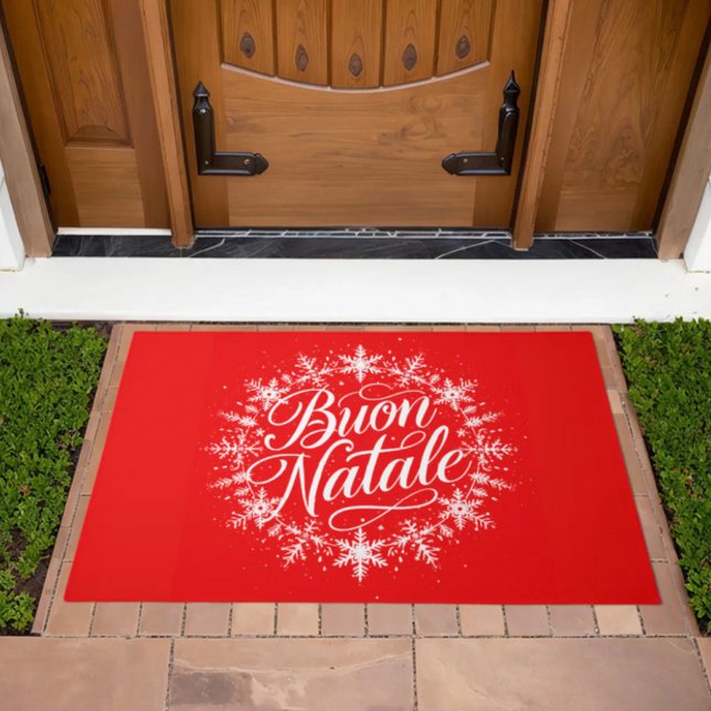 Buon Natale Red Welcome Mat for Italian Christmas (Red Buon Natale with circular Snowflakes in white Italian Welcome Mat)