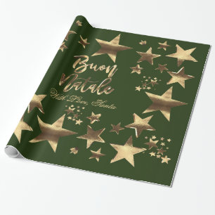 Buon Natale Stars Green Gold Script Christmas Wrapping Paper