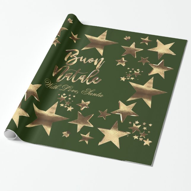Buon Natale Stars Green Gold Script Christmas Wrapping Paper (Unrolled)