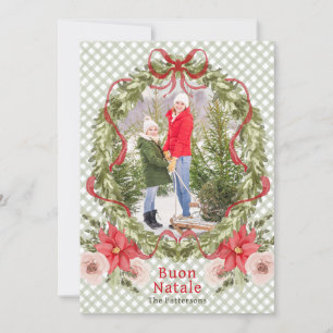 Buon Natale Watercolor Floral Bow Family Photo Holiday Card