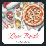 Buon Natale Watercolor Italian Christmas Party  Square Sticker<br><div class="desc">This elegant Christmas card is the perfect simple holiday greeting. "Buon Natale" as Merry Christmas in Italian.The Watercolor design features pizza and Christmas decorations tree branches,  lamps,  candles,  glass of wine,  and a typography paired with a an elegant script font with hand lettered style.</div>