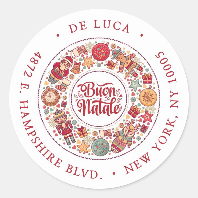 Buon Natale Wreath Return Address Classic Round Sticker (Front)