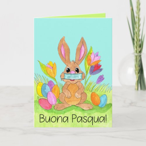 Buona Pasqua Italian Easter Face masked Bunny Holiday Card
