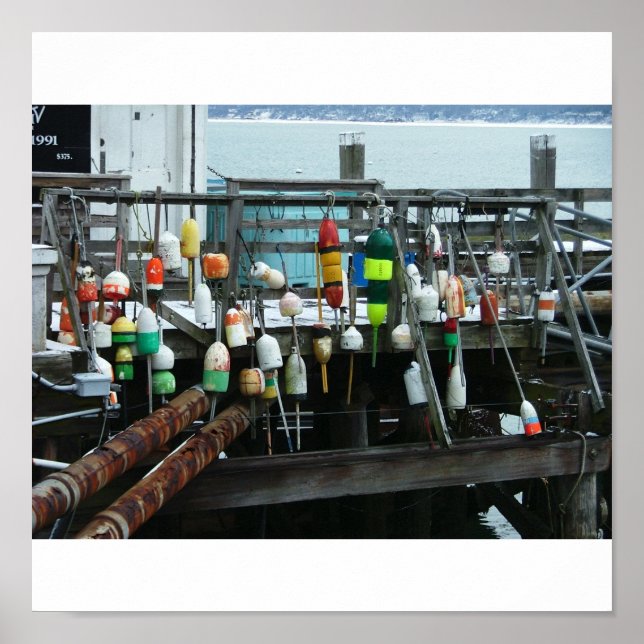 buoys hanging on the pier plymouth ma. poster (Front)