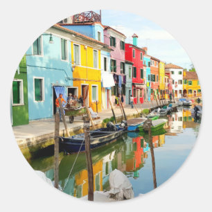 Burano island near Venice, Rainbow Houses in Italy Classic Round Sticker