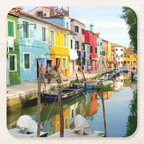 Burano island near Venice Rainbow Houses in Italy Square Paper Coaster