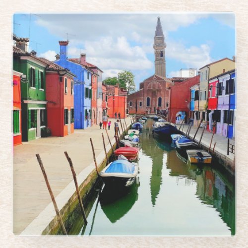 Burano Italy Italian Colorful Houses  Boat Canal Glass Coaster