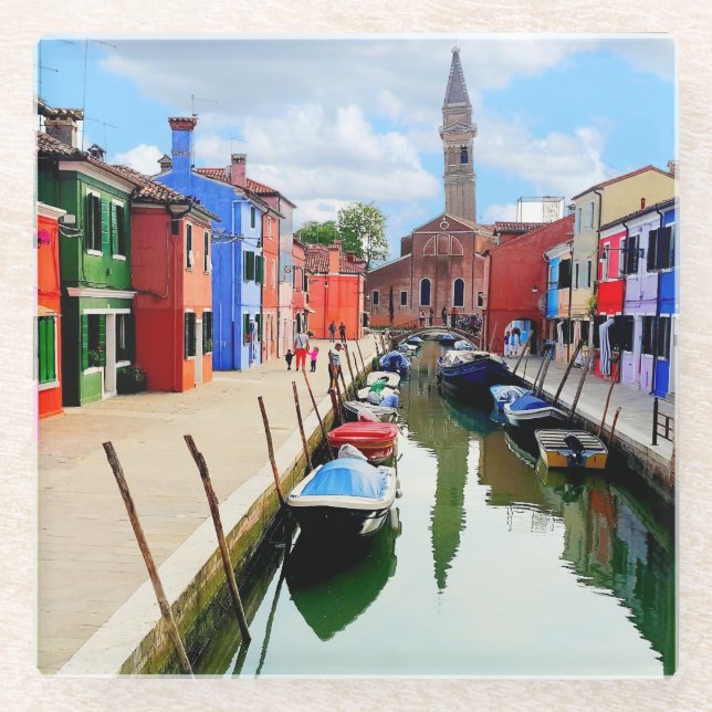 Burano, Italy Italian Colorful Houses & Boat Canal Glass Coaster (Front)