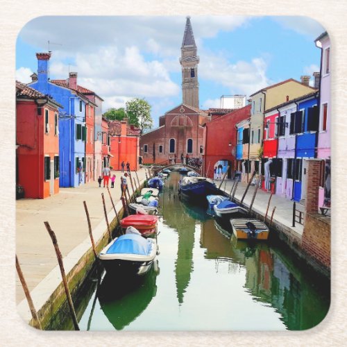 Burano Italy Italian Colorful Houses  Boat Canal Square Paper Coaster