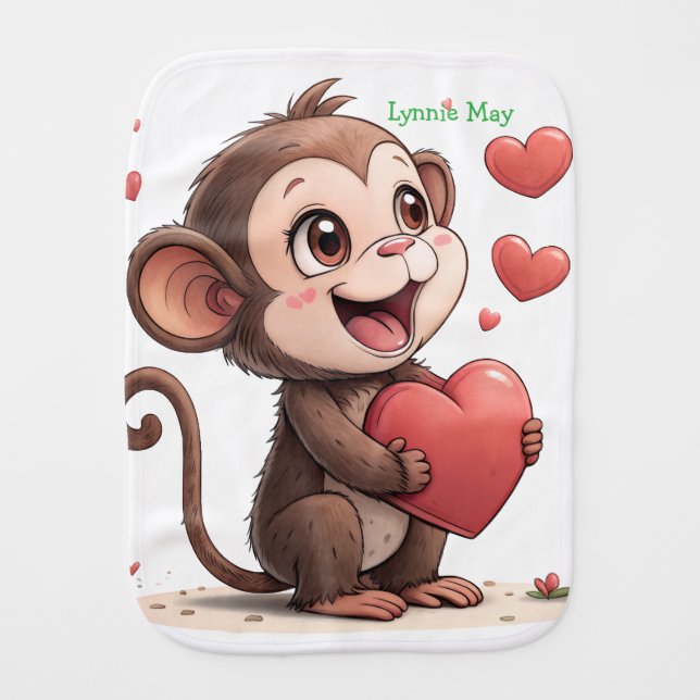 Burb Cloth Baby Cute Monkey Red Hearts  (Front)