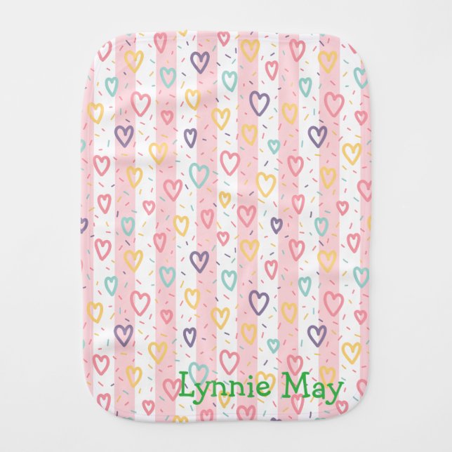 Burb Cloth Baby Stripe Pink & White Hearts (Front)
