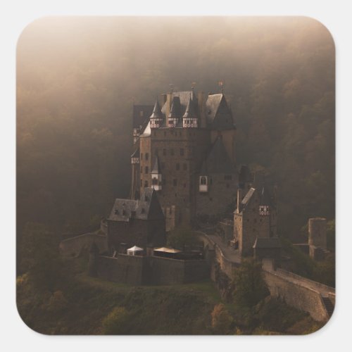 Burg Eltz castle in the morning fog Square Sticker