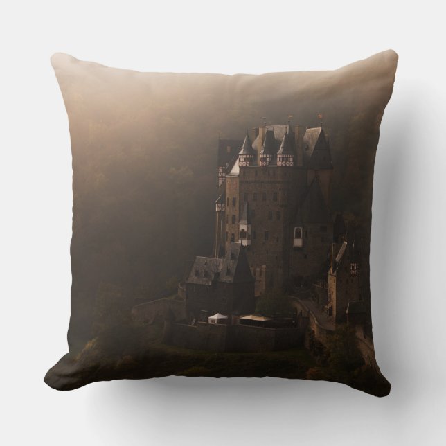 Burg Eltz castle in the morning fog Throw Pillow (Front)