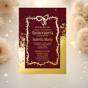Burgandy and Gold Foil Quinceañera Invitation Bow