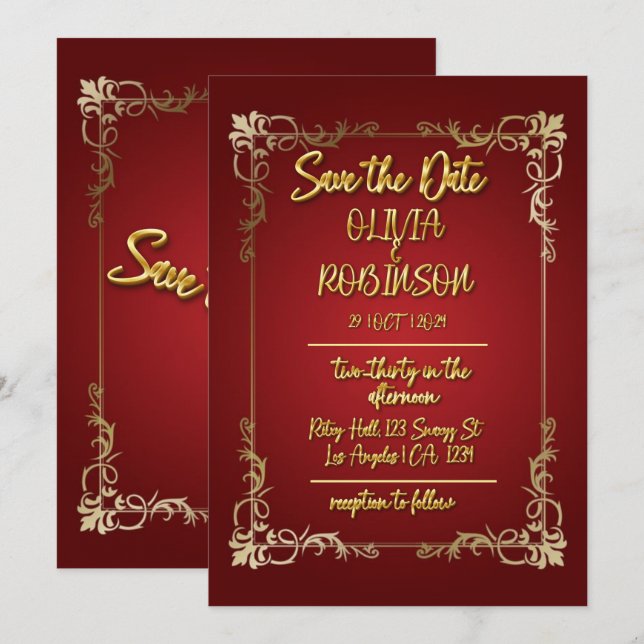  Burgandy and Golden 3D Text Effect Save the Date  Invitation (Front/Back)